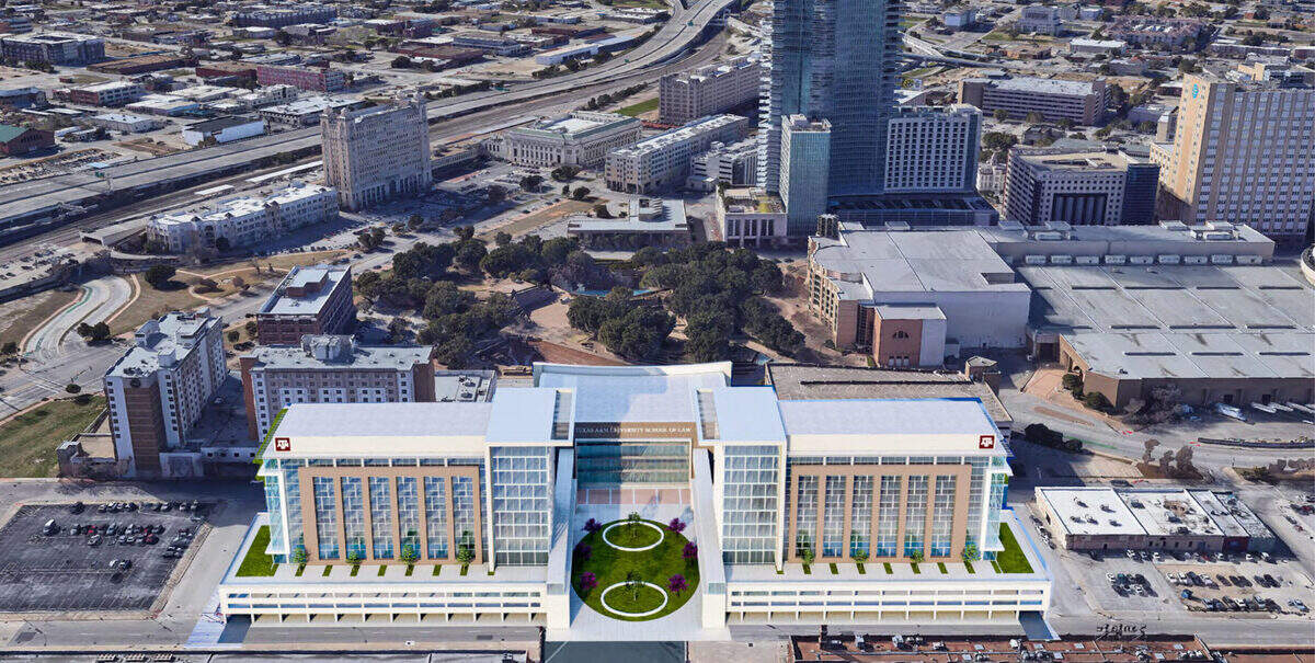 An artistic rendering showing the east side of the future Texas A&M-Fort Worth campus, which will have three buildings around a central open space.