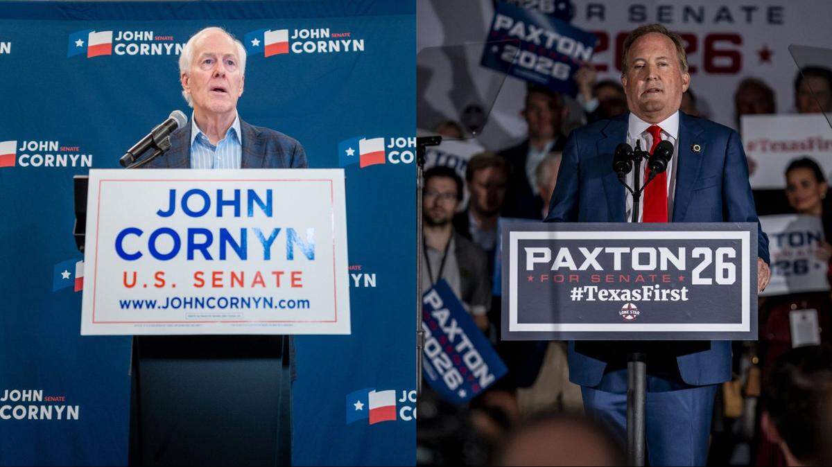 Sen. John Cornyn and Texas Attorney General Ken Paxton, pictured at election night events on March 3, are in a Republican primary runoff for U.S. Senate in Texas. Election Day is May 26.