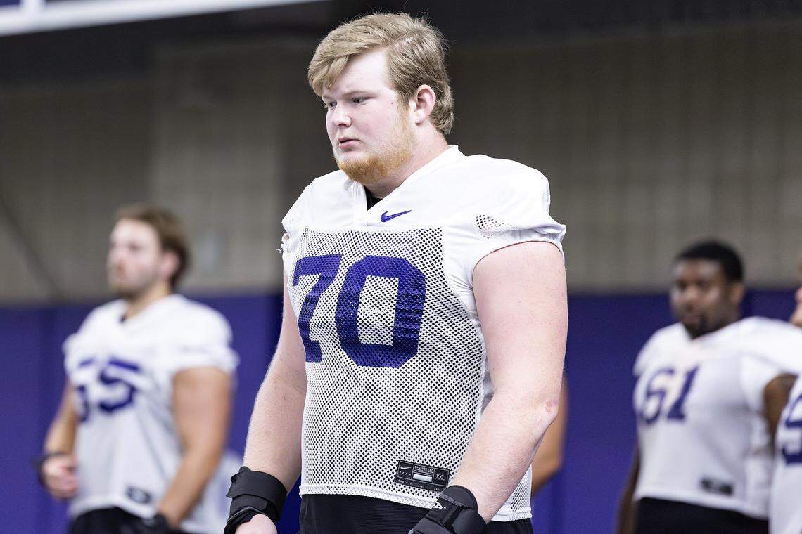 TCU offensive lineman Ryan Hughes (70) works on drills during a team practice at the Sheridan & CLif Morris Football Practice Fields on TCU campus on Wednesday, Aug. 20, 2025.