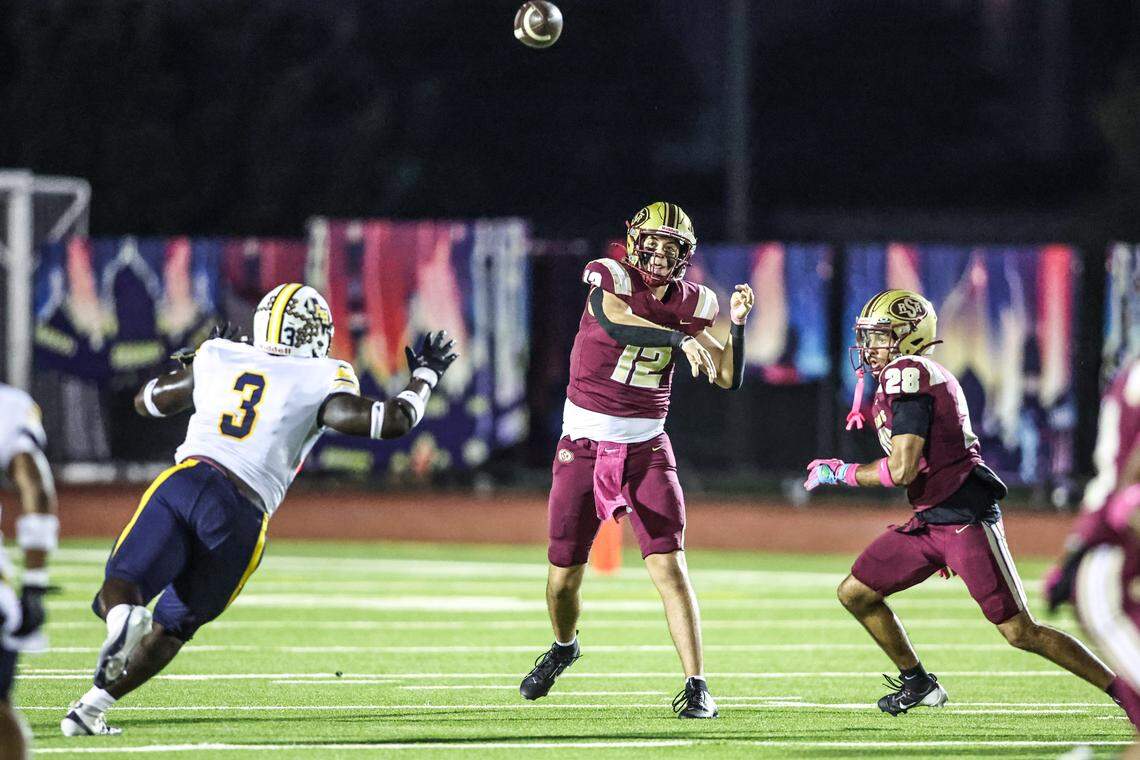 Saginaw quarterback Joshua Greek throws a long touchdown to Kaiden Stewart against Arlington Heights on Thursday, October 10, 2025, at Rough Rider Stadium in Saginaw, Texas.