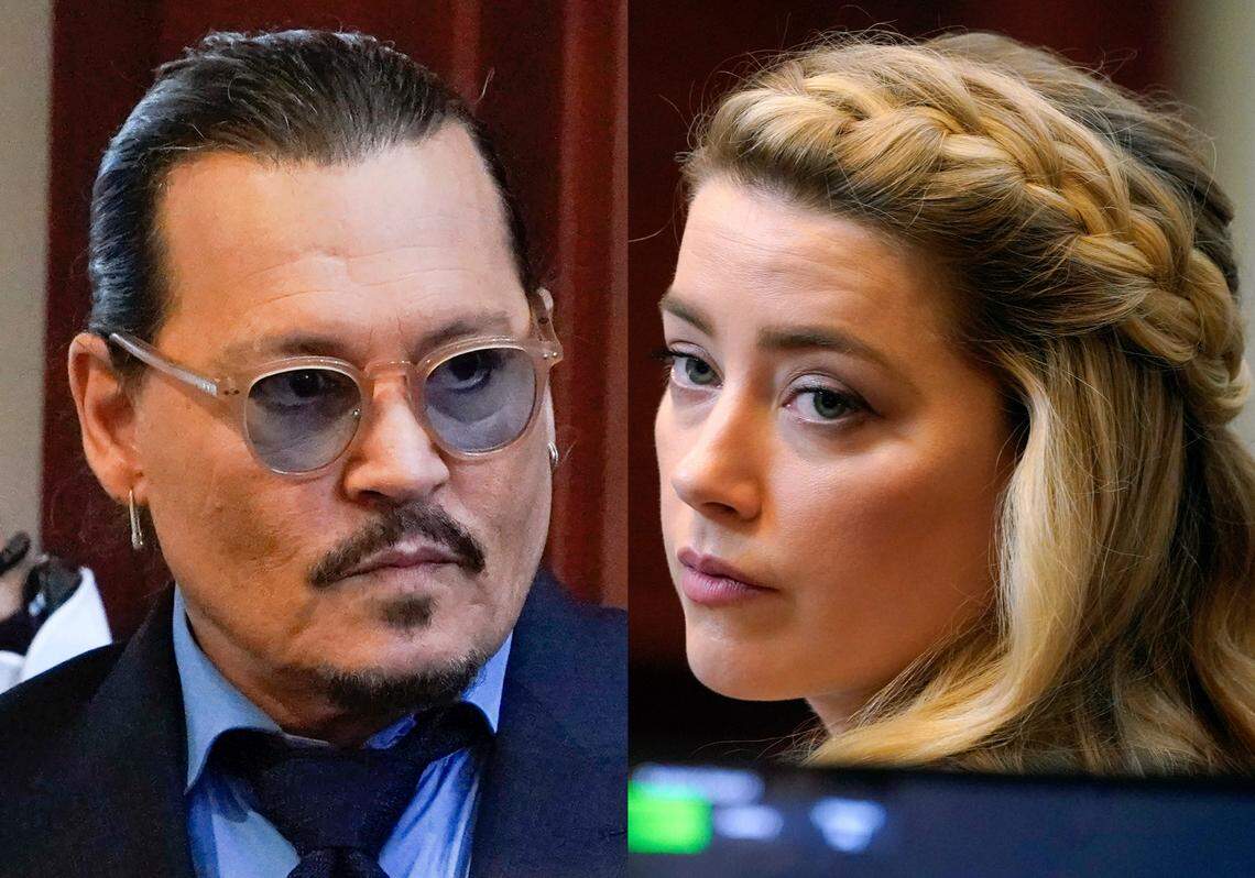 This combination of two separate photos shows actors Johnny Depp, left, and Amber Heard in the courtroom for closing arguments at the Fairfax County Circuit Courthouse in Fairfax, Va., on Friday, May 27, 2022. Depp is suing Heard after she wrote an op-ed piece in The Washington Post in 2018 referring to herself as a “public figure representing domestic abuse.” (AP Photos/Steve Helber, Pool)