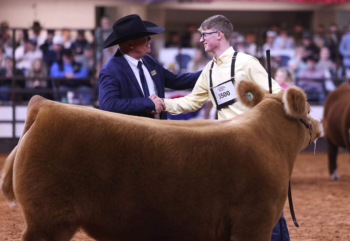 Judge Frank Ward, left, shakes sixteen-year-old Cash Goretska's hand after choosing his steer Cheeto as the reserve champion steer at the Fort Worth Stock Show and Rodeo on Friday, Feb. 6, 2026. 