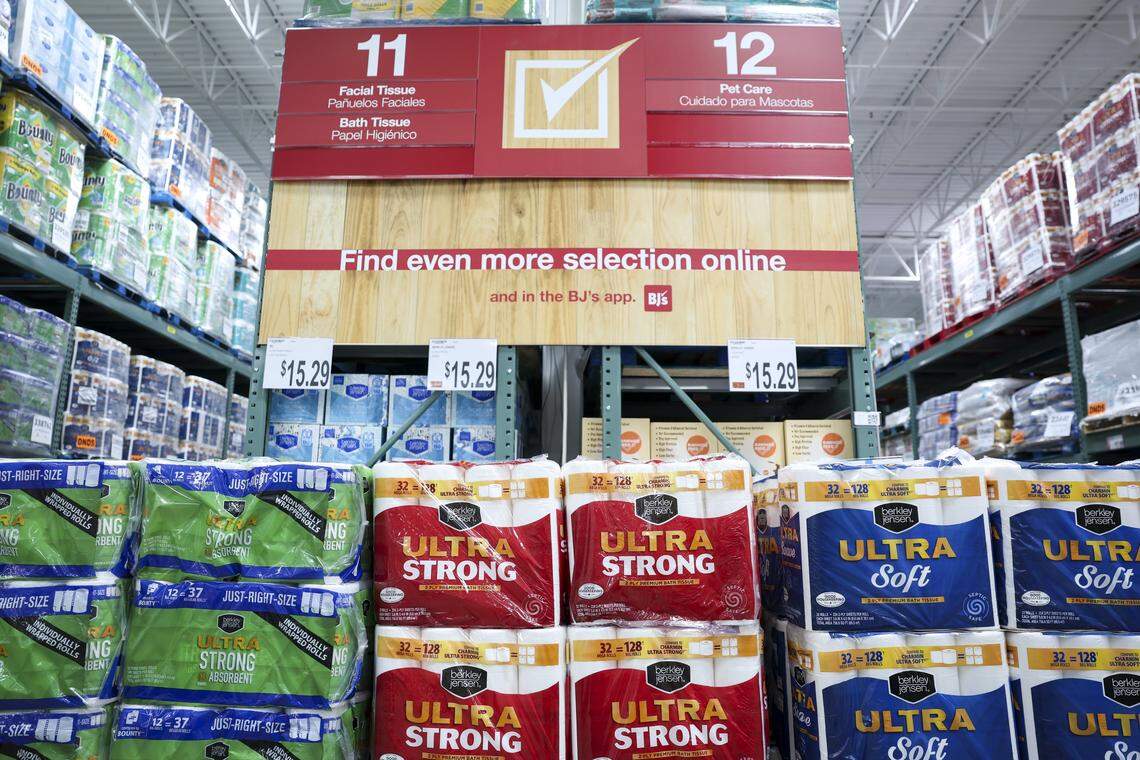 BJ's Wholesale Club sells its brand, Berkley Jensen, in items like toilet paper and paper towels at a lower cost than name brand competitors, on Friday, April 24, 2026 in Fort Worth, Texas. The store plans to open Spring 2026.