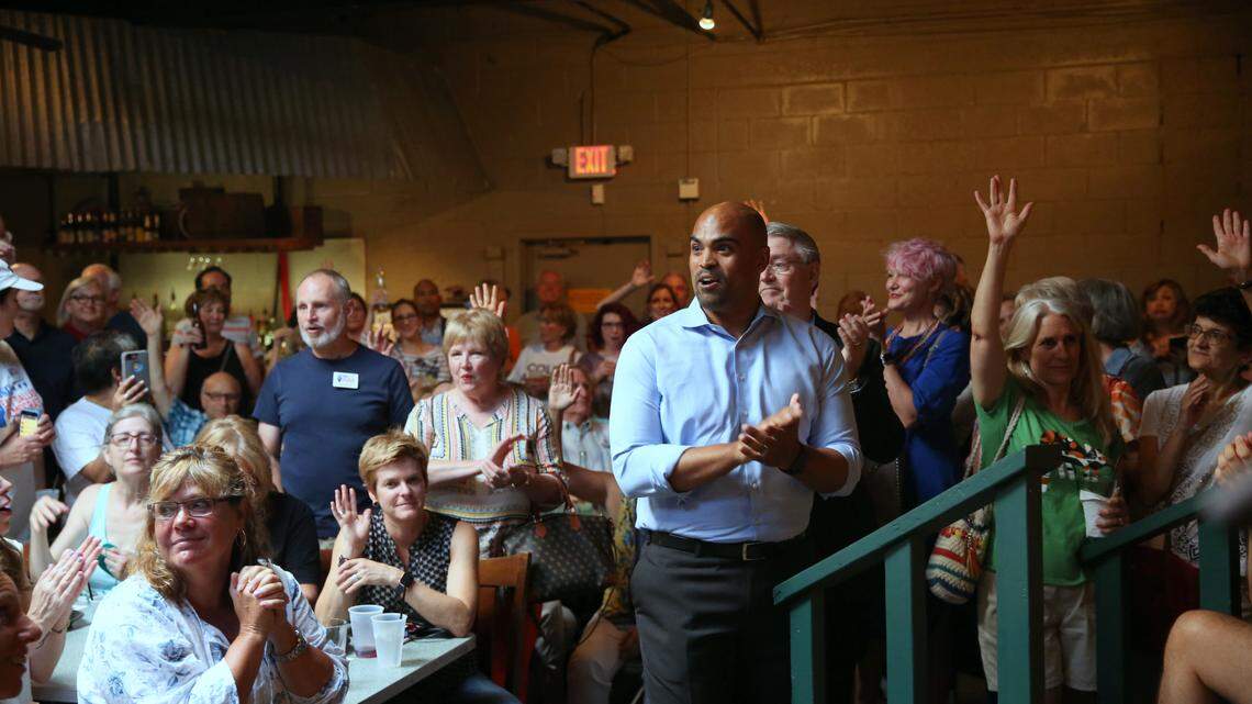 Colin Allred, a Democrat challenging longtime Rep. Pete Sessions, at a packed town hall-style meeting in Dallas, Aug. 6, 2018. A former NFL linebacker and civil rights attorney, Allred is pinning his strategy on increased turnout and shifting demographics in this traditionally Republican suburban Dallas district. (Dylan Hollingsworth/The New York Times)