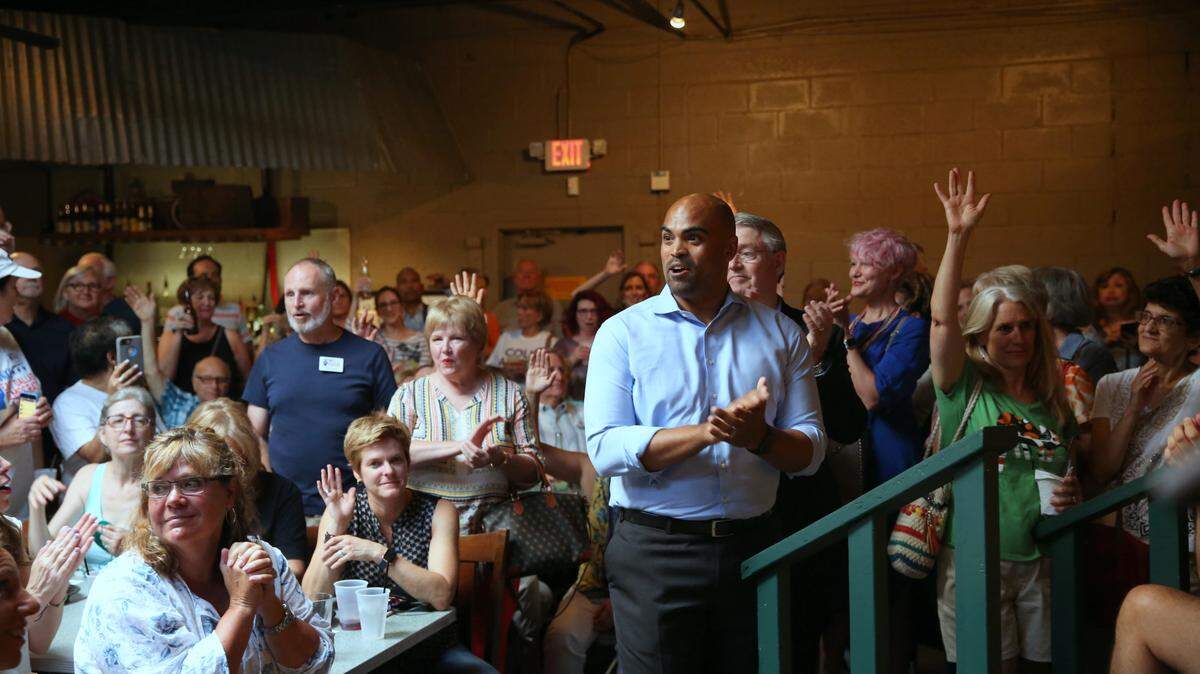 Colin Allred, a Democrat challenging longtime Rep. Pete Sessions, at a packed town hall-style meeting in Dallas, Aug. 6, 2018. A former NFL linebacker and civil rights attorney, Allred is pinning his strategy on increased turnout and shifting demographics in this traditionally Republican suburban Dallas district. (Dylan Hollingsworth/The New York Times)