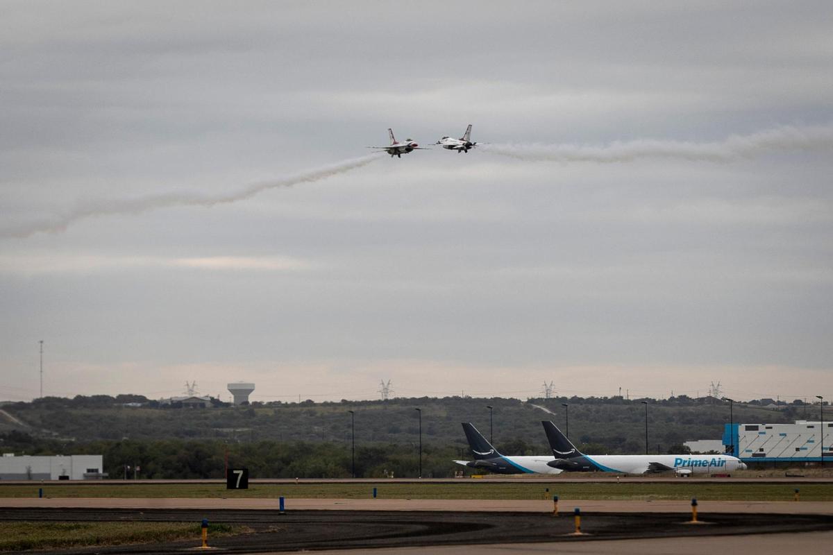 The U.S. Air Force Thunderbirds fly at each other upon their arrival before the Bell Fort Worth Alliance Air Show Thursday, Oct. 15, 2020, at Fort Worth Alliance Airport.