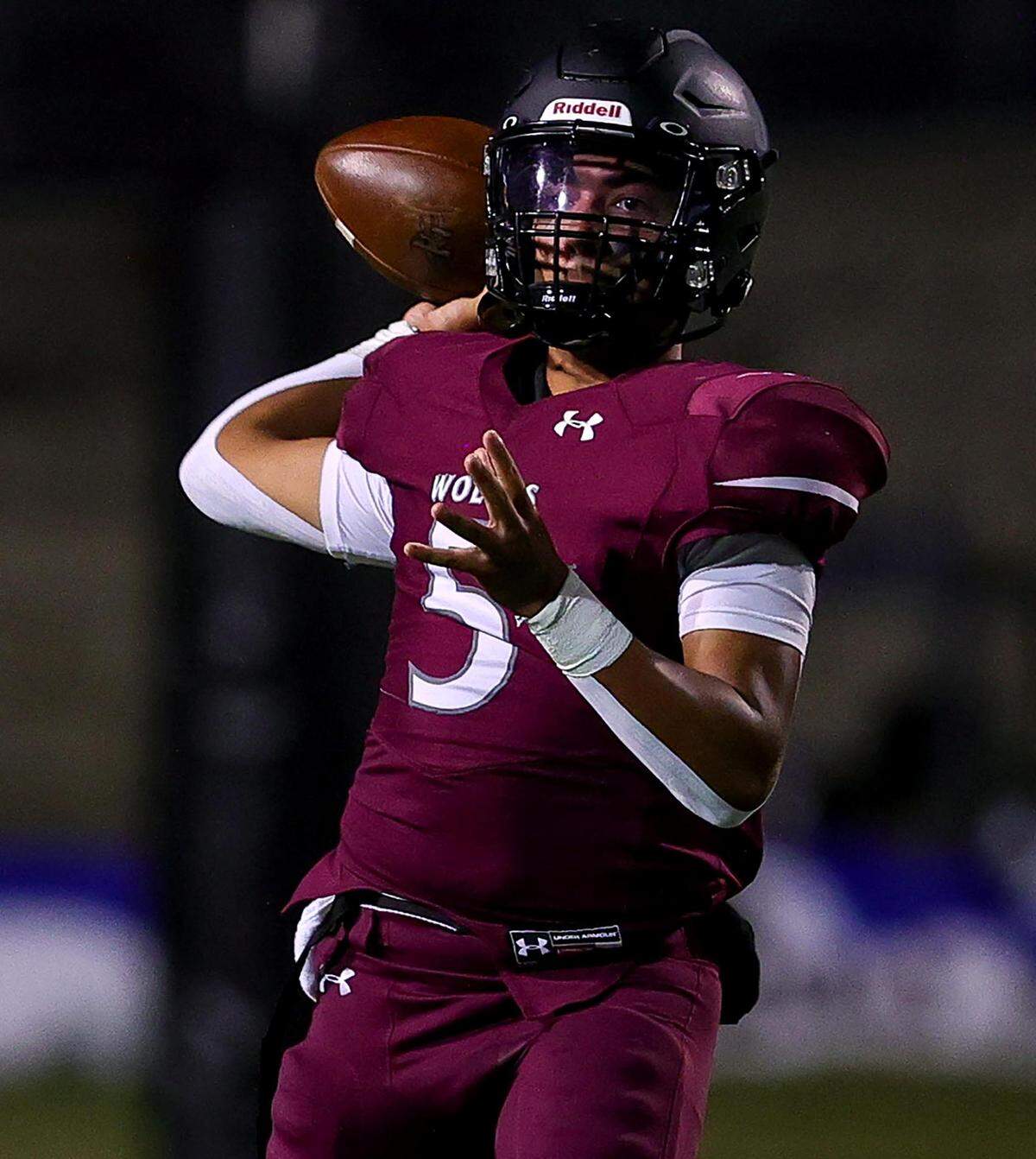 Mansfield Timberview quarterback Jaeden Marshall looks to pass against Joshua during the first half, Thursday night, September 23, 2021 played at Newsom Stadium in Mansfield, TX. (Steve Nurenberg Special to the Star-Telegram)