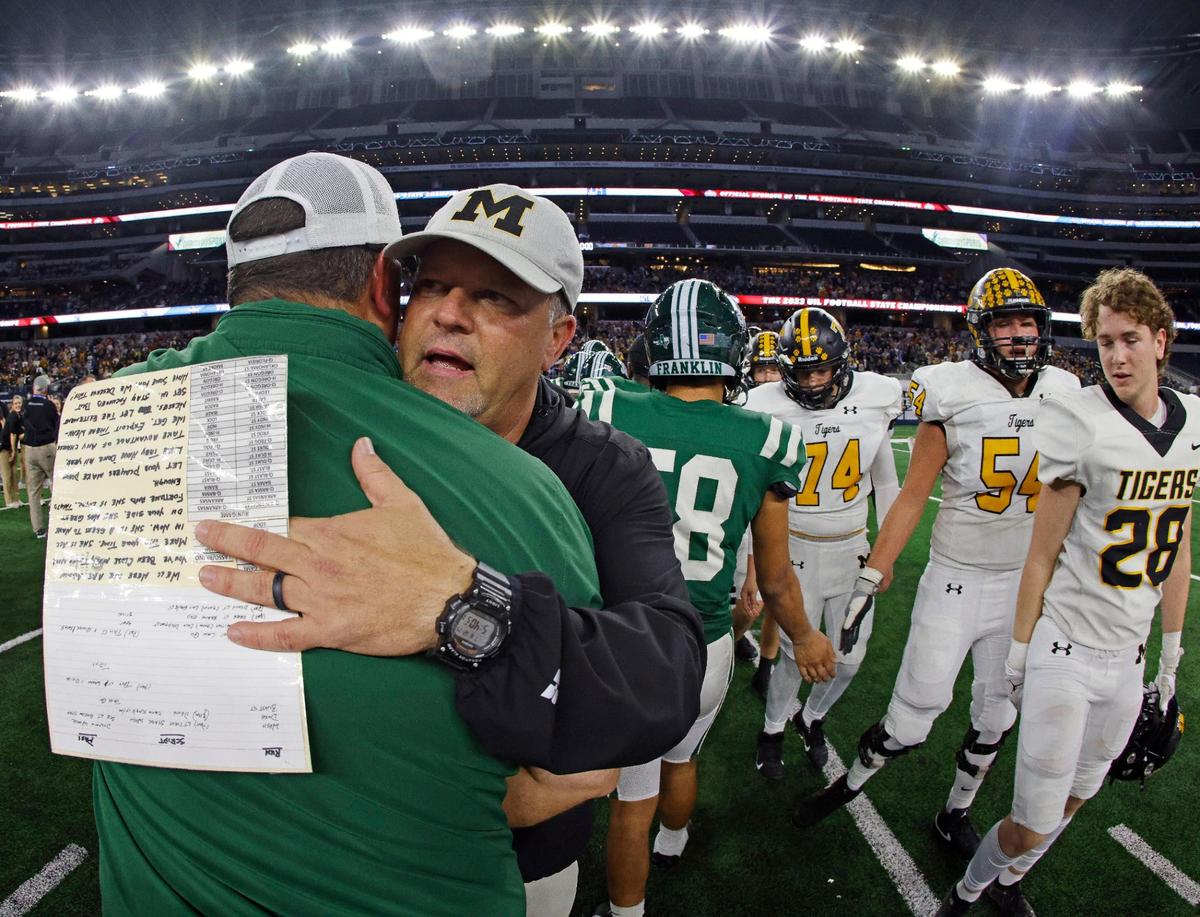 Malakoff head coach Jamie Driskell told Franklin head coach Mark Fannin “Hey, lets meet back here next year,” at mid field after the UIL Conference 3A Division 1 state championship football game at AT&T Stadium in Arlington, Texas, Thursday, Dec. 14, 2023.