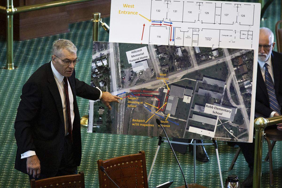 Texas Department of Public Safety Director Steve McCraw uses maps and graphics to present a timeline of the school shooting at Robb Elementary School in Uvalde, during a hearing , Tuesday, June 21, 2022, in Austin, Texas. Two teachers and 19 students were killed. (Sara Diggins/Austin American-Statesman via AP)