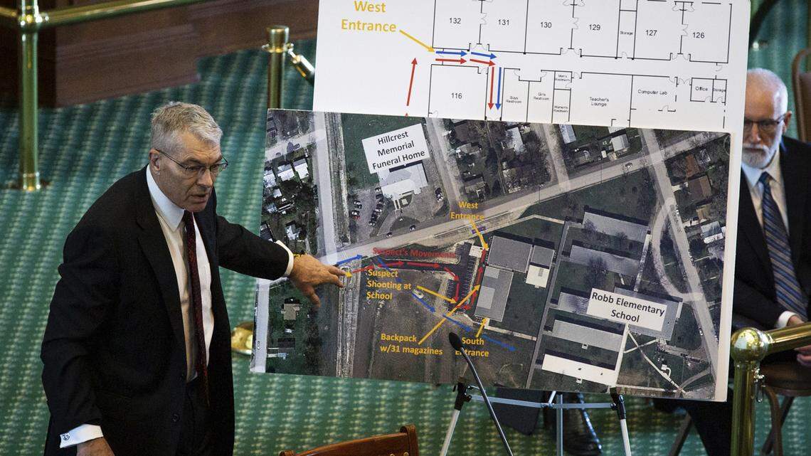 Texas Department of Public Safety Director Steve McCraw uses maps and graphics to present a timeline of the school shooting at Robb Elementary School in Uvalde during Tuesday’s Senate hearing in Austin.