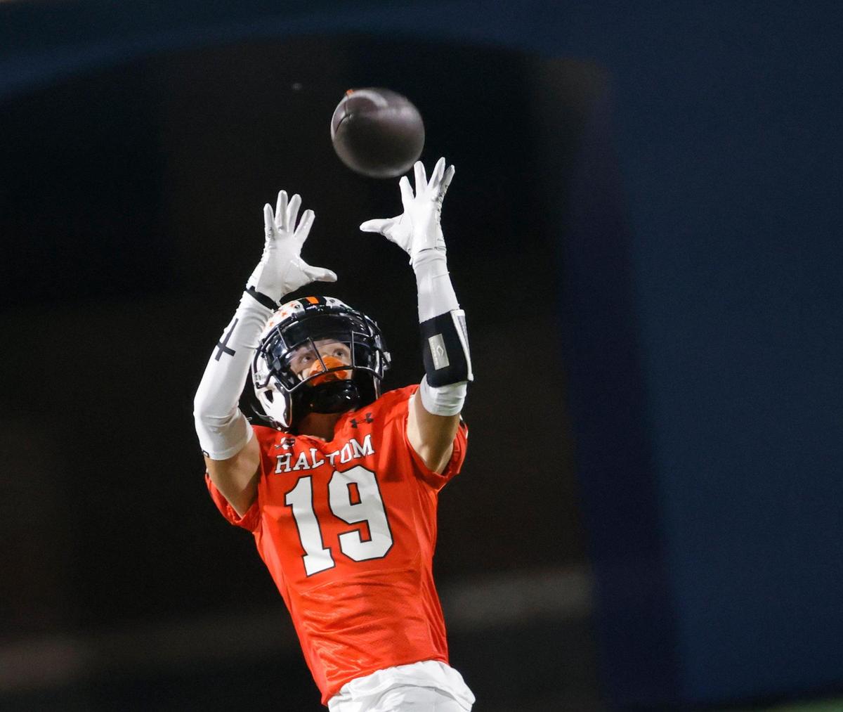 Haltom wide receiver Matthew Turner (19) makes a catch on a 61 yard play during a UIL District 8-6A football game at Birdville Fine Arts/Activity Complex in North Richland Hills, Texas, Thursday, Oct. 31, 2024.