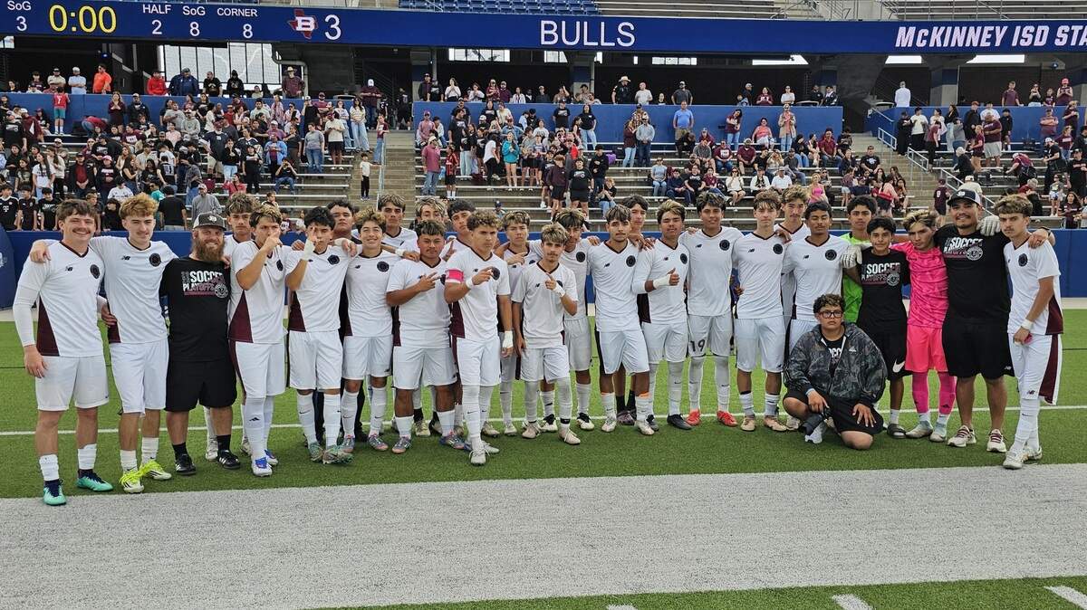 The Bridgeport boys soccer team poses after defeating Dallas Pinkston in a Class 4A Division 2 state semifinal match on Friday, April 3, 2026, at McKinney ISD Stadium in McKinney, Texas.