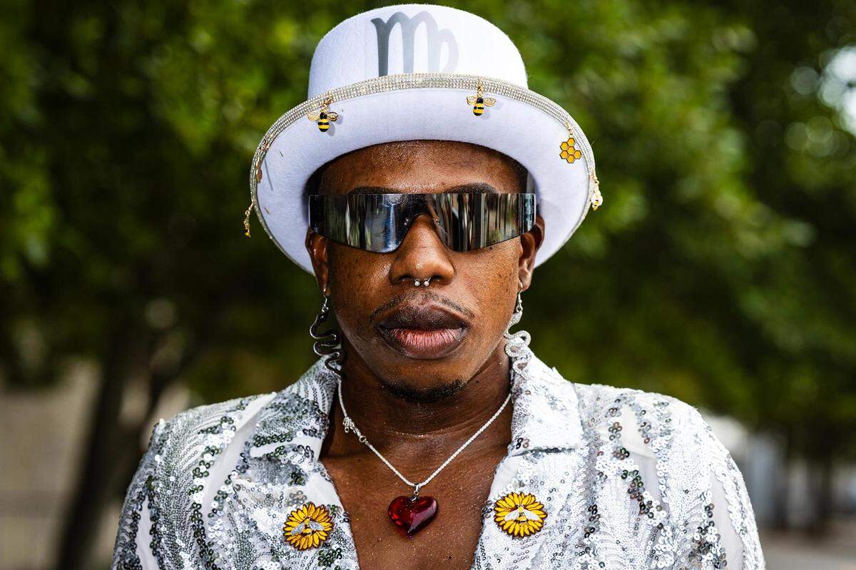 Michael Quincy-Sanders shows off his bedazzled accessories before entering Beyonce’s Renaissance World Tour at AT&T Stadium in Arlington on Thursday, Sept. 21, 2023.