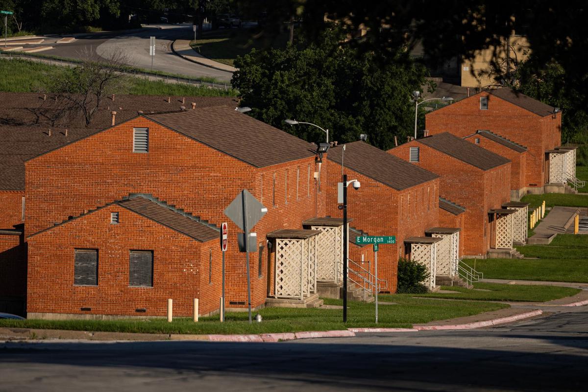 Buildings on the 1400 block of East Morgan Street in Butler Place. The public housing complex opened in the 1940s and closed in 2020. It is now targeted for redevelopment.