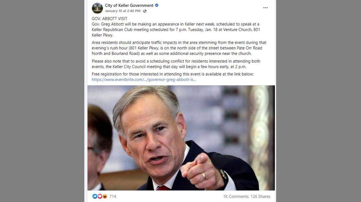 Keller’s Facebook page included a signup link for Greg Abbott’s rally.
