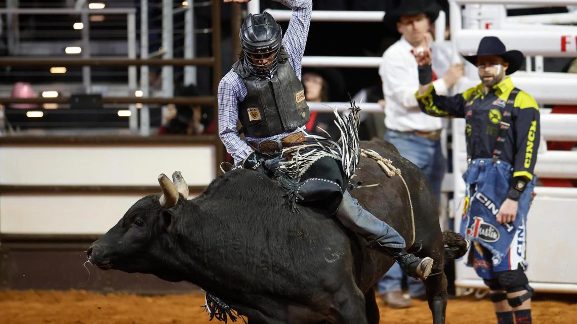 Avontis Williams competes in the bull riding event of the Cowboys Color Rodeo on Monday, Jan. 20, 2025, at the Fort Worth Stock Show & Rodeo.