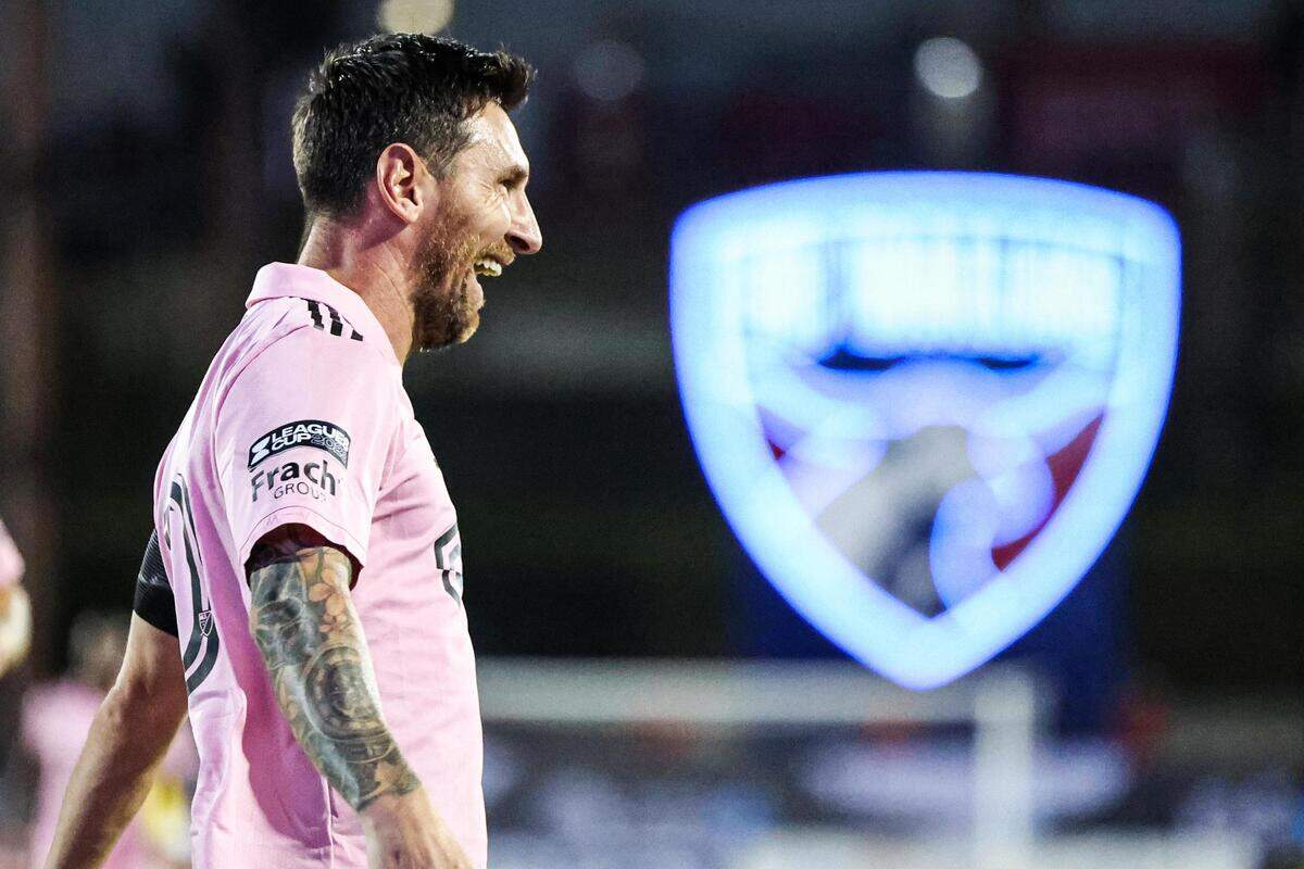 Inter Miami FC captain Lionel Messi (10) celebrates with teammates after scoring a goal in the first half of a Leagues Cup match against Dallas FC at TOYOTA Stadium in Frisco, Texas on Sunday, Aug. 6, 2023.