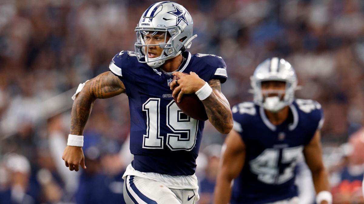 Dallas Cowboys Trey Lance runs the ball for a tourchdown against the Los Angeles Chargers during week three of the NFL preseason on Saturday, Aug. 24, 2024, at AT&T Stadium in Arlington.