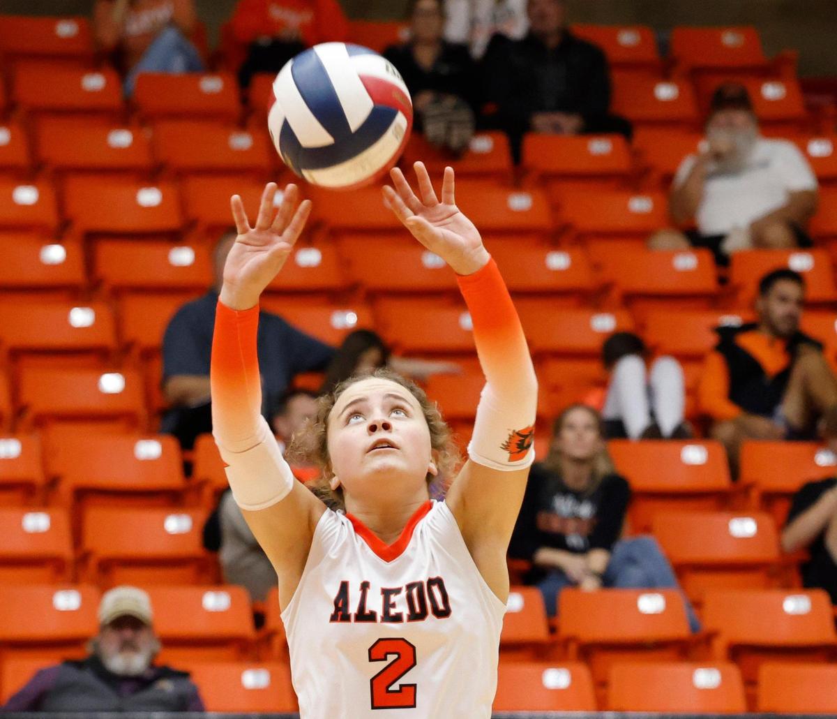 Aledo setter Sophie Frank (2) sets the ball for the opposite hitter during a UIL Region 1-5A Bi-District volleyball match at Wilkerson Greens Activity Center in Fort Worth, Texas, Tuesday, Nov. 05, 2024.