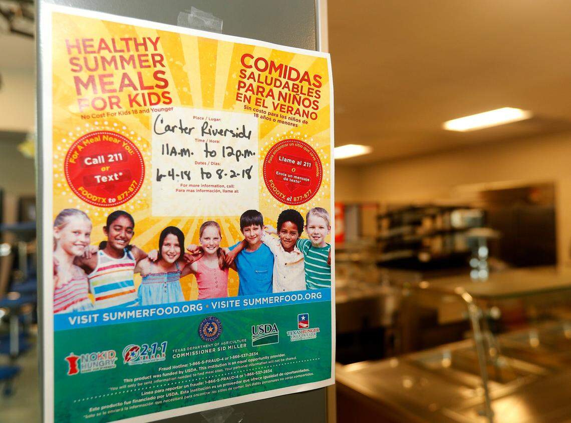 A poster announces the summer meal program at Amon Carter Riverside High School where more than 50 children received a free, healthy meal on Thursday.