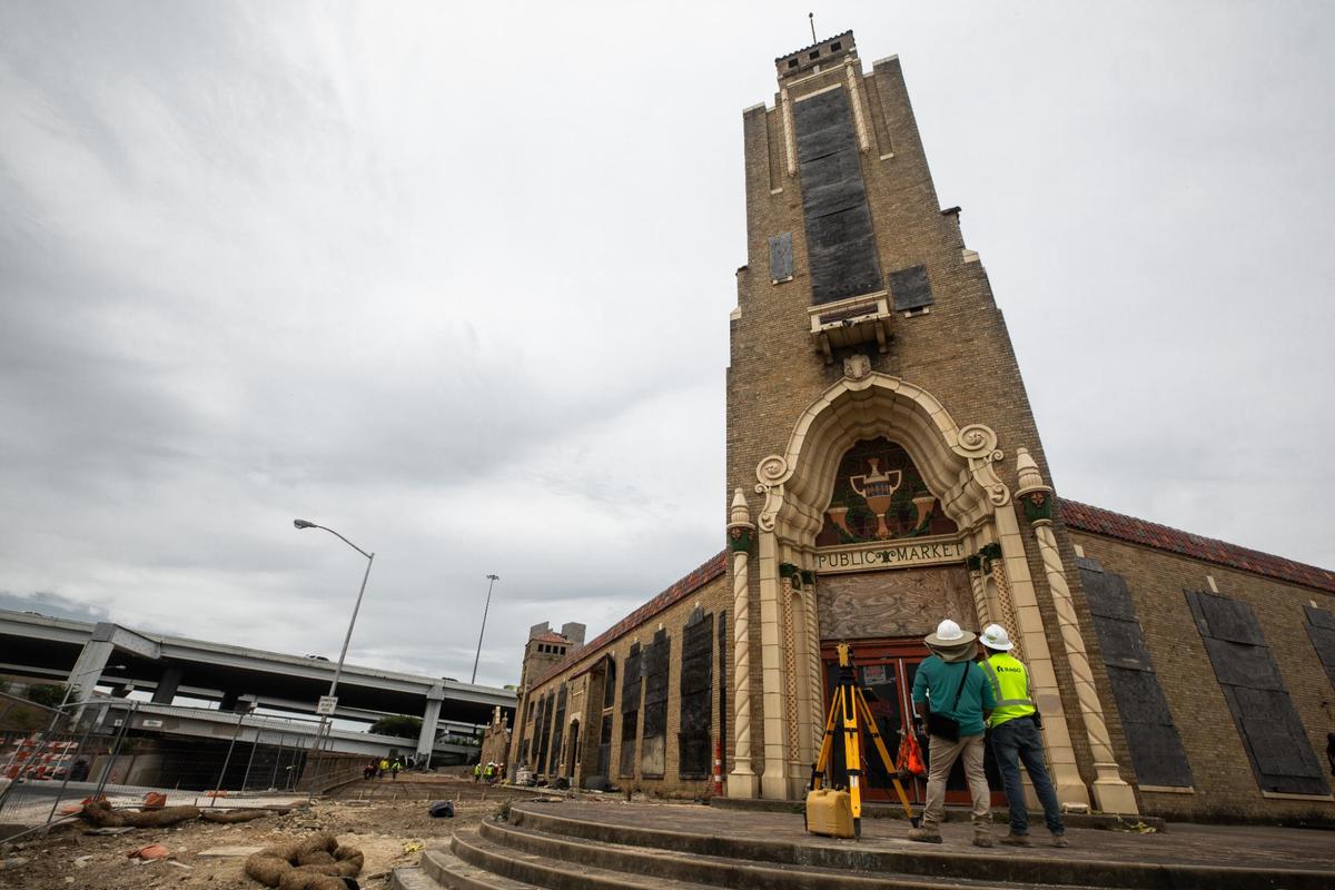 The Historic Fort Worth Public Market undergoes restoration with a complete date in August 2025 with senior living amenities and live market trading Wednesday, July 17, 2024.