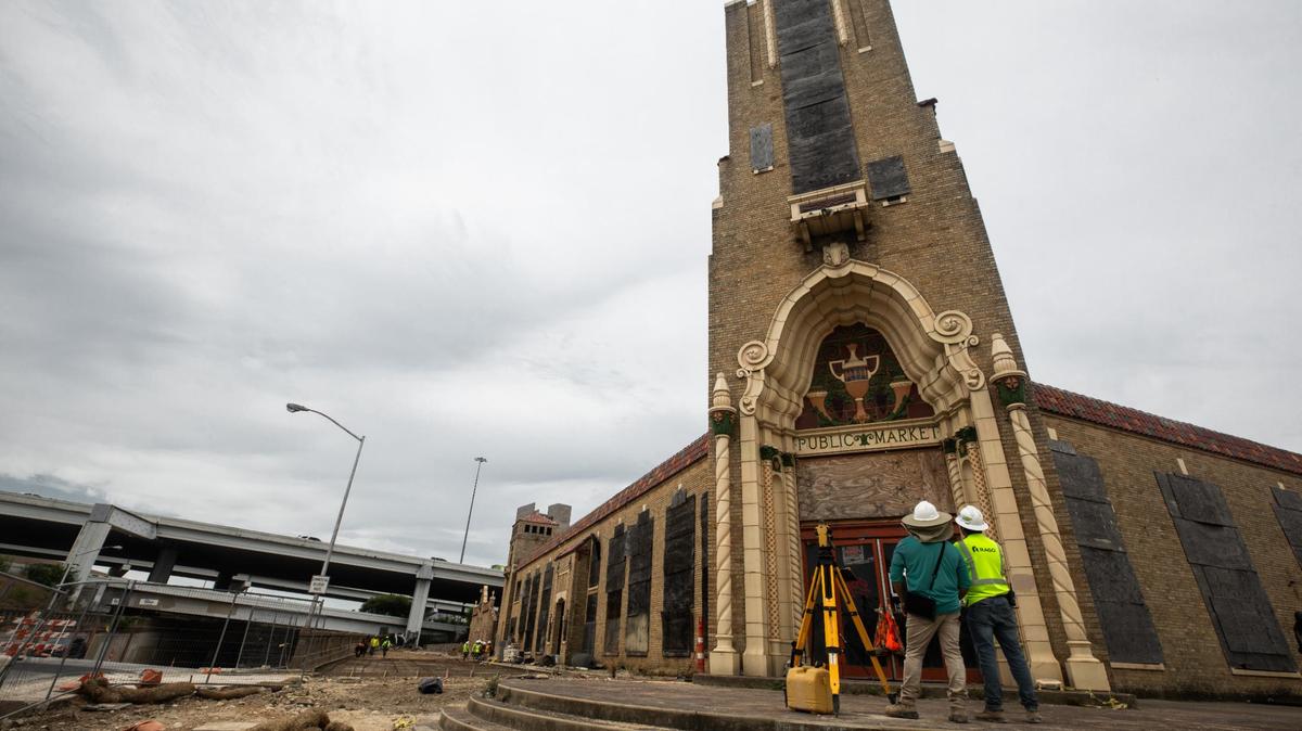 The Historic Fort Worth Public Market undergoes restoration with a complete date in August 2025 with senior living amenities and live market trading Wednesday, July 17, 2024.