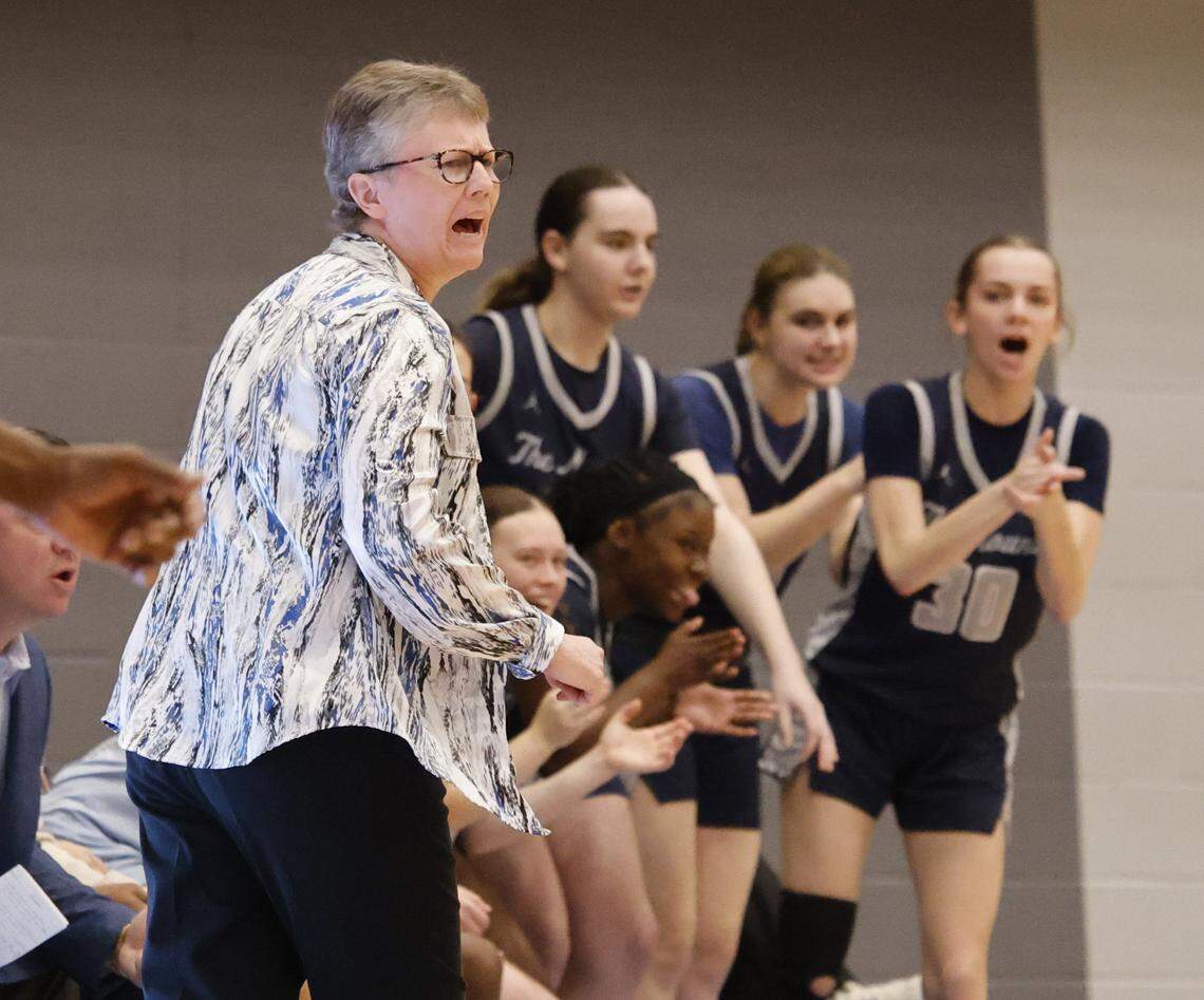 As they play North Crowley, Flower Mound head coach Sherika Nelson shouts to her team during the first half of a UIL Class 6A Division I girls regional final basketball playoff game at Arlington ISD Athletics Center in Arlington, Texas, Friday Feb. 27, 2026.