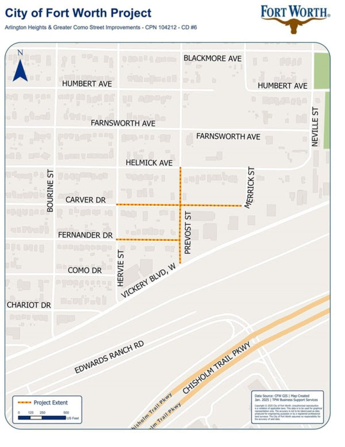 A map of imminent road improvements in the Greater Como neighborhood, near Arlington Heights.