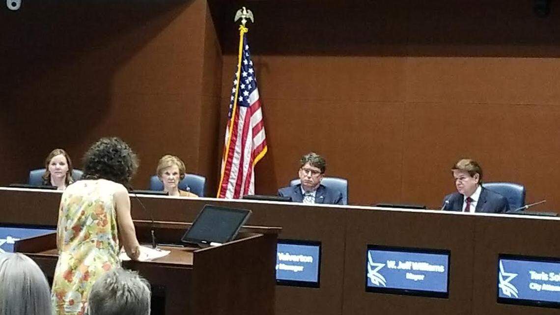 Kim Triolo Feil blasts the Arlington City Council on Tuesday night for placing a weaker term limit proposal on the ballot for Nov. 6.