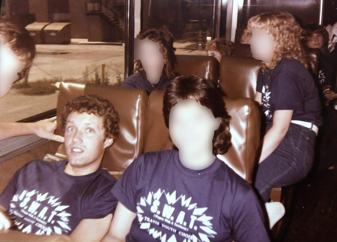 John Finley, former Travis Avenue Baptist Church youth minister, left, on a choir tour in the 1980s.