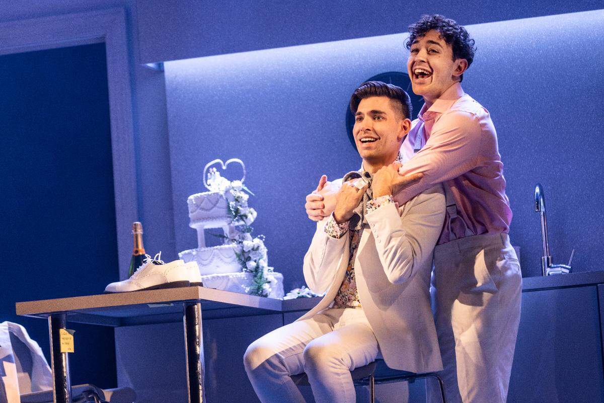 Matt Rodin as Jamie and Ali Louis Bourzgui as Paul in the North American Tour of “Company.”