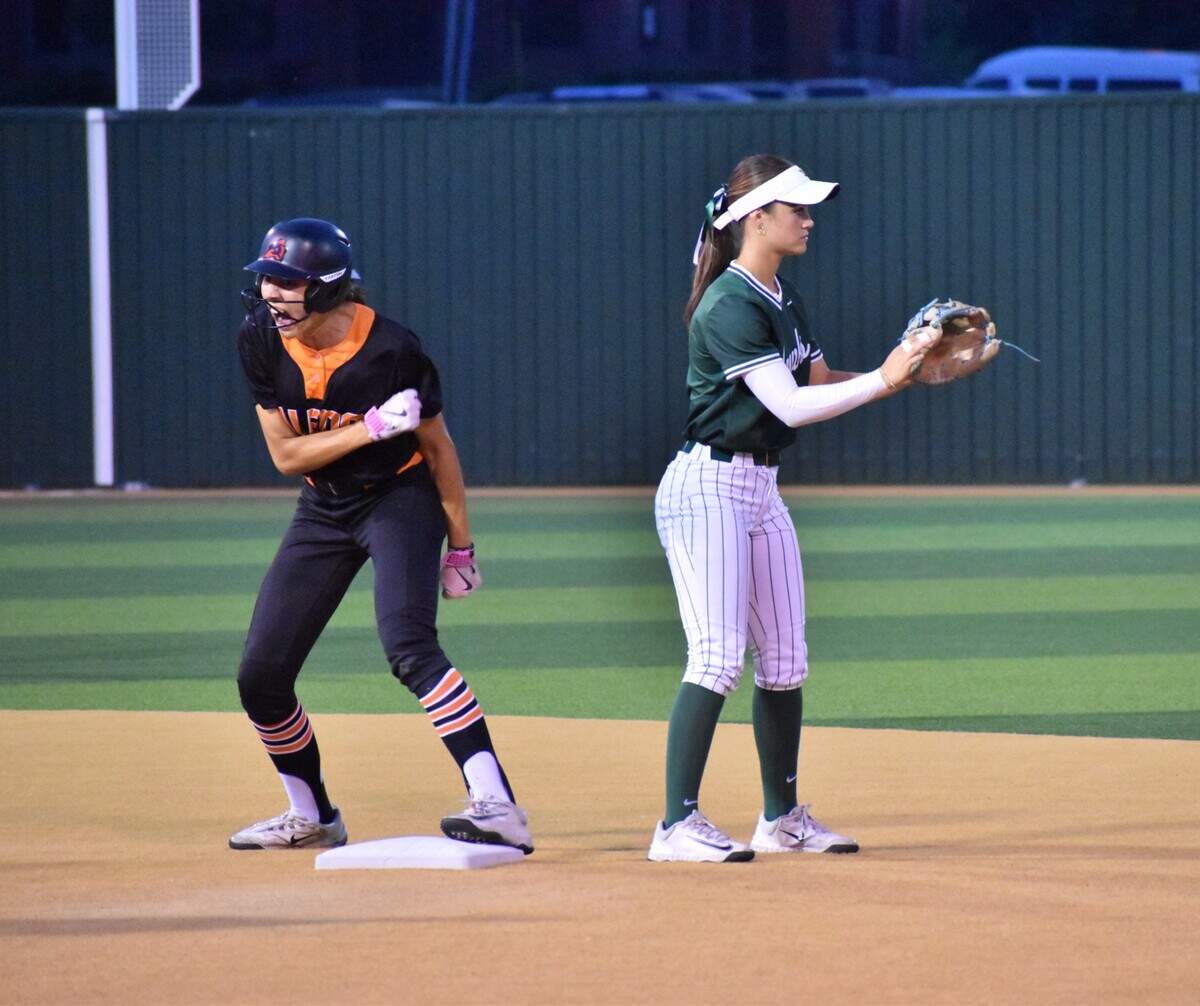 Aledo’s Marina Taveras celebrates a double in a Class 5A Division I regional final at Birdville High School on Friday, May 16, 2025.