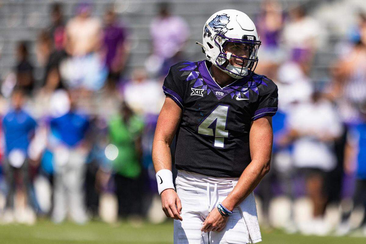 TCU quarterback Chandler Morris (4) come back into the game after taking a hard hit in the fourth quarter of a college football game between the TCU Horned Frogs and the SMU Mustangs at Amon G. Carter Stadium in Fort Worth on Saturday, Sept. 23, 2023.