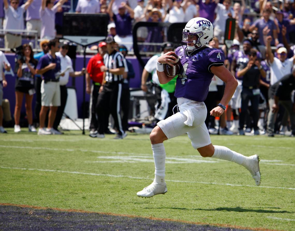 TCU quarterback Chandler Morris (4) goes in untouched for a touchdown the second half of a NCAA football game at Amon G. Carter Stadium in Fort Worth,Texas, Saturday Sept. 02, 2023. Colorado defeated TCU 45-42. (Special to the Star-Telegram Bob Booth)