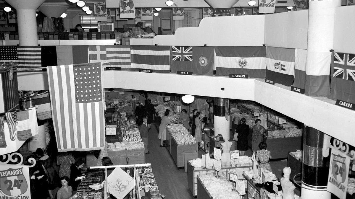 May 18, 1942: The nations of the world flag display in Leonard Brothers department store.