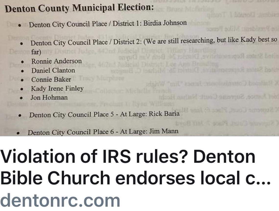 Denton Bible Church’s candidate list as published by the Denton Record-Chronicle.
