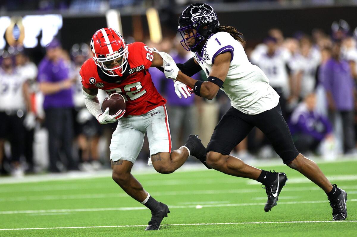 Georgia defensive back Javon Bullard intercepts a pass intendend for TCU wide receiver Quentin Johnston during the College Football Playoff National Championship against Georgia on Monday, Jan. 9, 2023, at SoFi Stadium in Inglewood, Calif.