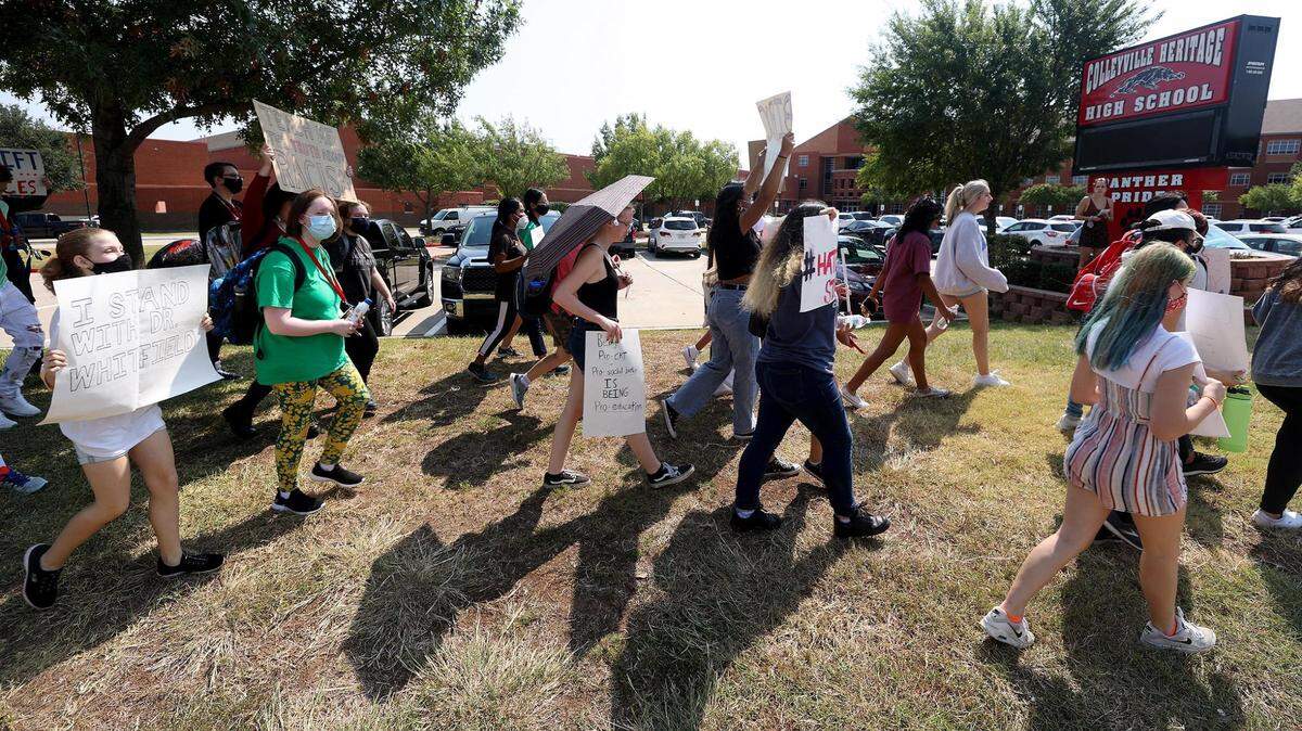 Students at Colleyville Heritage High School protest the placing of principal James Whitfield on paid administrative leave by walking out of class on Friday, September 10, 2021. A walkout to demand action on gun violence is planned for May 11, 2023.
