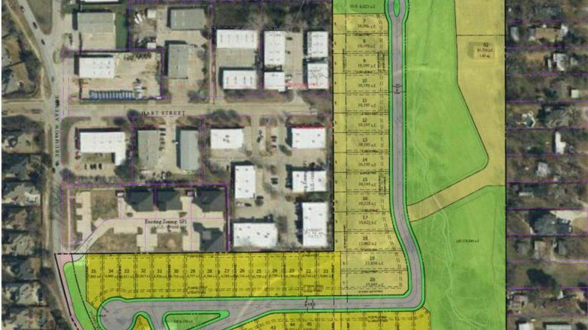 A development plan for the Brumlow East project that includes homes and businesses in Southlake. The Southlake City Council voted 4-3 to approve rezoning 32.8 acres for Brumlow East from agriculture to a transitional use to allow homes and businesses. Council members also voted to change the land use from industrial to mixed use.