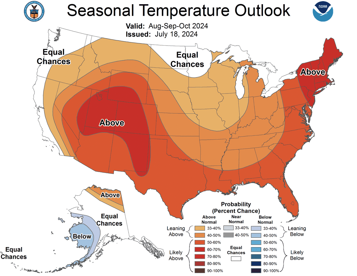 The Climate Prediction Center’s three month temperature outlook for the country.