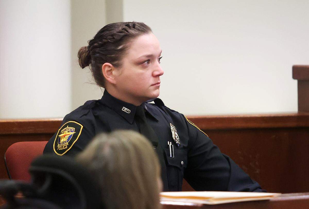 Fort Worth police Officer Carol Darch testifies during the second day of the murder trial of Aaron Dean on Tuesday, Dec. 6, 2022, in Fort Worth. Darch was the other officer on scene when Atatiana Jefferson was shot and killed by Fort Worth police officer Aaron Dean in 2019.