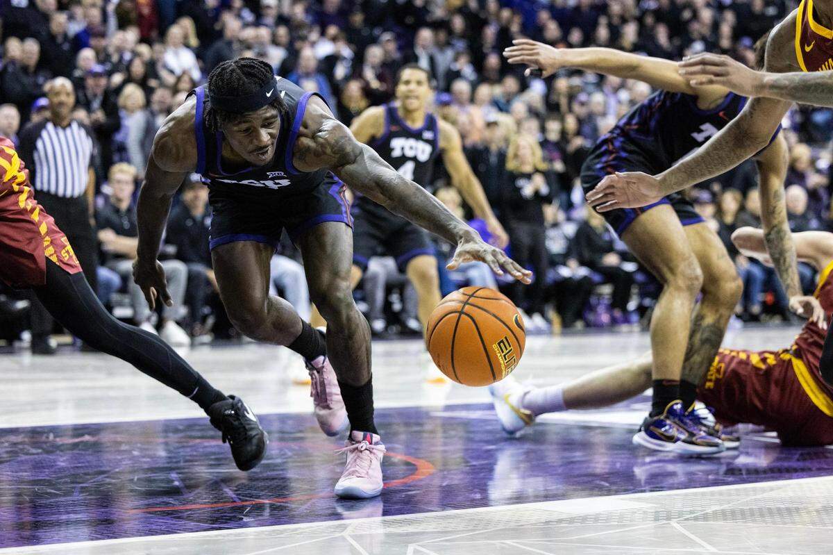 TCU forward Emanuel Miller (2) loses the ball in the second half of a Big XII conference game between the TCU Horned Frogs and Iowa State Cyclones at Schollmaier Arena in Fort Worth on Saturday, Jan 20, 2023.