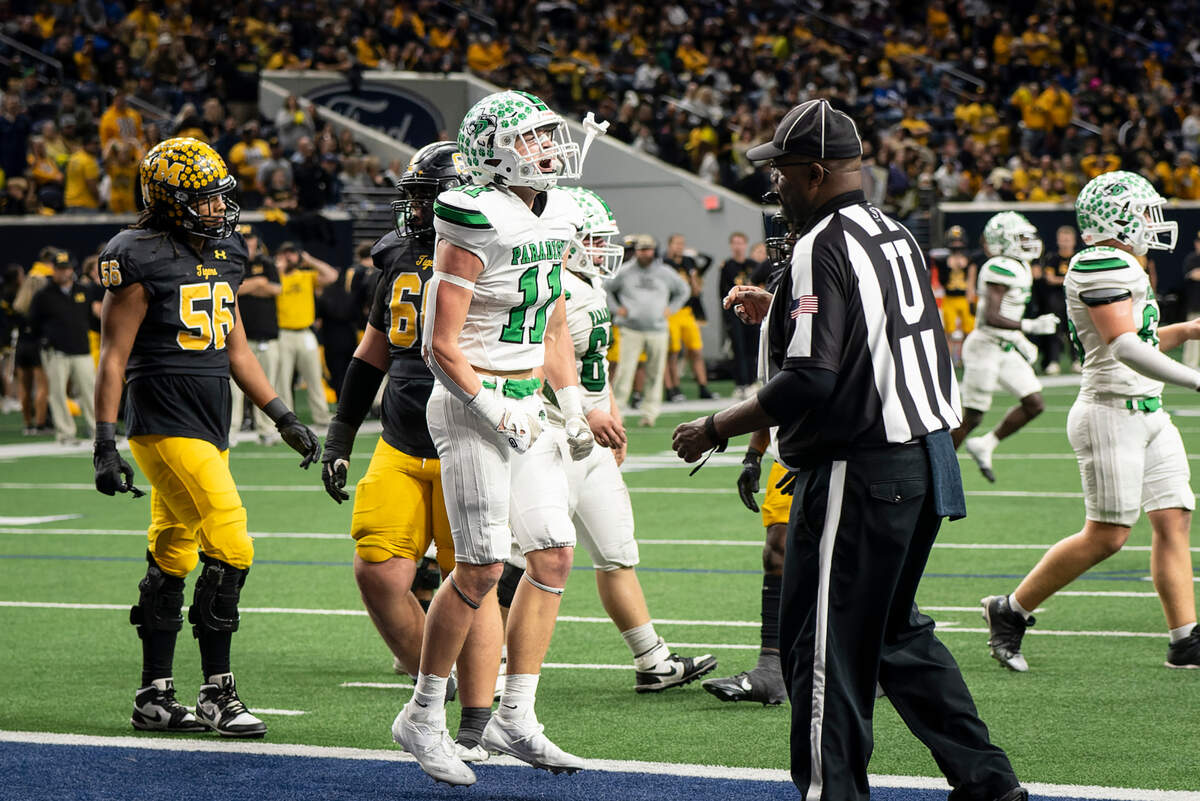 Paradise running back Luke Brown (11) celebrates after scoring a touchdown against Malakoff in a Class 3A Division 1 state quarterfinal on Thursday, Dec. 12, 2024 at the Ford Center in Frisco, Texas.