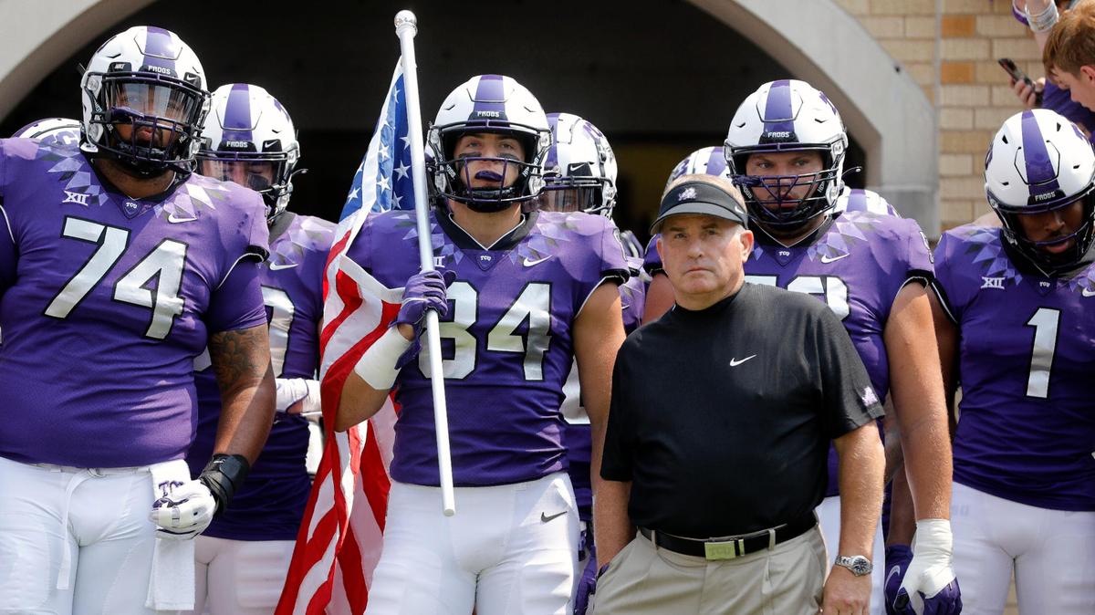 TCU tight end and ROTC cadet Dominic DiNunzio (84) standing next to former coach Gary Patterson moments before the team walked onto the field for the Frogs home game against the Cal Bears on Sept. 11, the 20th anniversary of 9/11 attacks on the United States. (Special to the Star-Telegram Bob Booth)