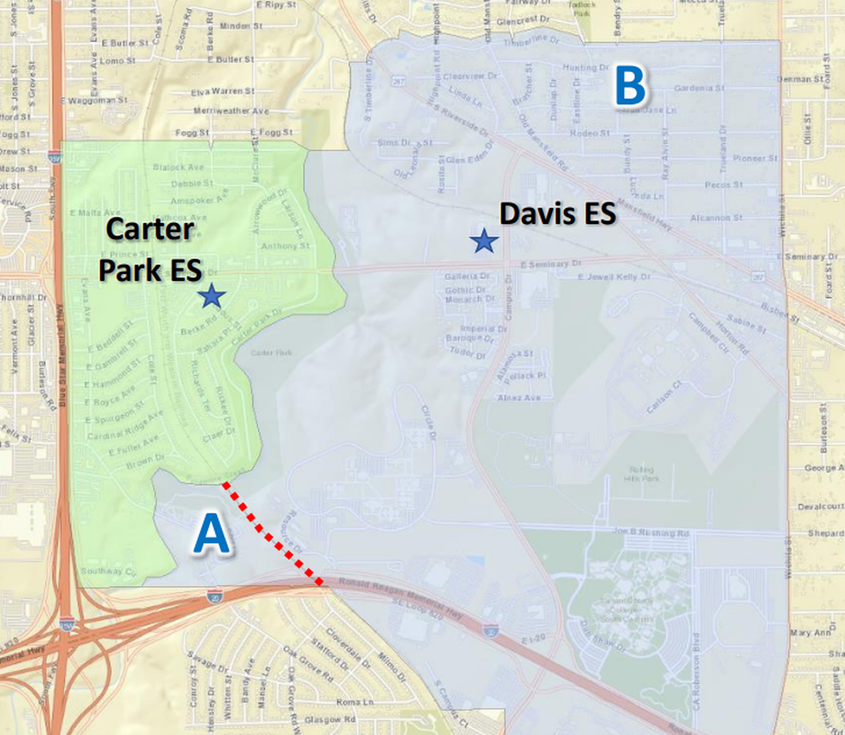 A map screenshot shows the new attendance boundaries for Carter Park and Clifford Davis elementary schools in Fort Worth ISD starting in the 2025-26 school year.