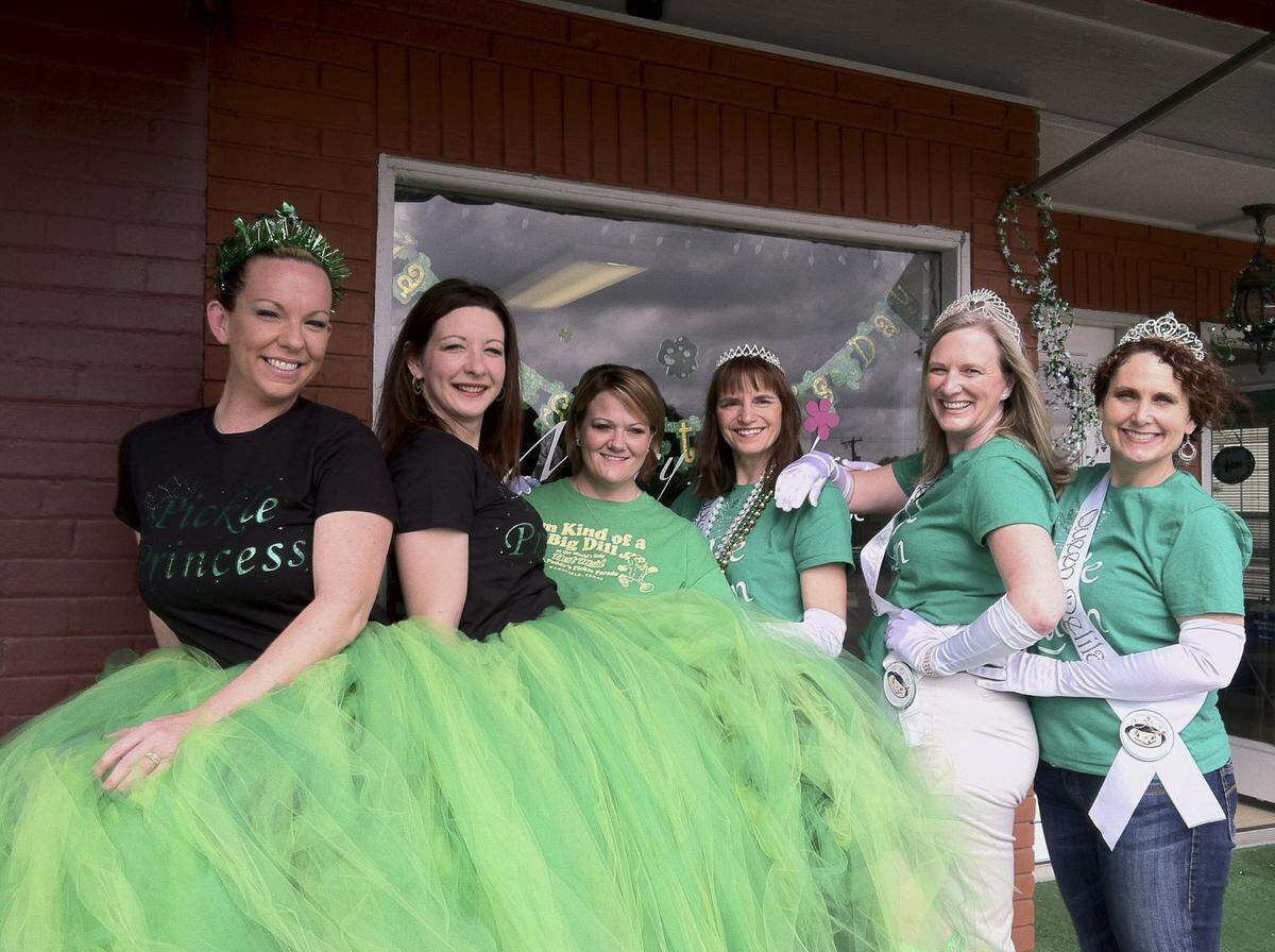 March 17, 2012: Pickle Princesses, from left, Michele Rose, Megan Maher and Melisa Perez, and Pickle Queens, Amanda Rogers and Delilah McMasters. As part of its St. Patrick’s Day events, Discover Historic Mansfield hosts The World’s Only Best Maid St. Paddy’s Pickle Parade.
