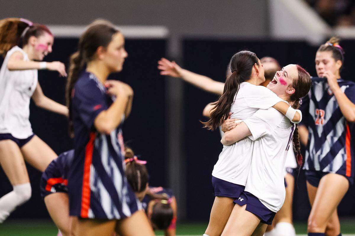 Grapevine players celebrate as they completed the upset over second ranked Frisco Wakeland in a Class 5A Division II UIL girls soccer state semifinal at the Ford Center on April 3, 2026 in Frisco, Texas.
