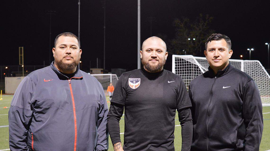 The Alcalá brothers - from left, Edgar, Luis and Mario -, have been part of Inocentes FC for decades. Edgar, 30, is an assistant coach; Luis, 33, is the coach and Mario, 27, is the president of the soccer club.