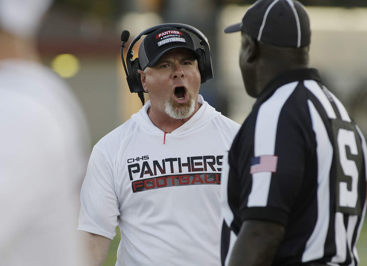 Colleyville’s Head Coach is unhappy with a call against Colleyville during their game at Mustang -Panther Stadium on Friday, Sep. 12, 2025.