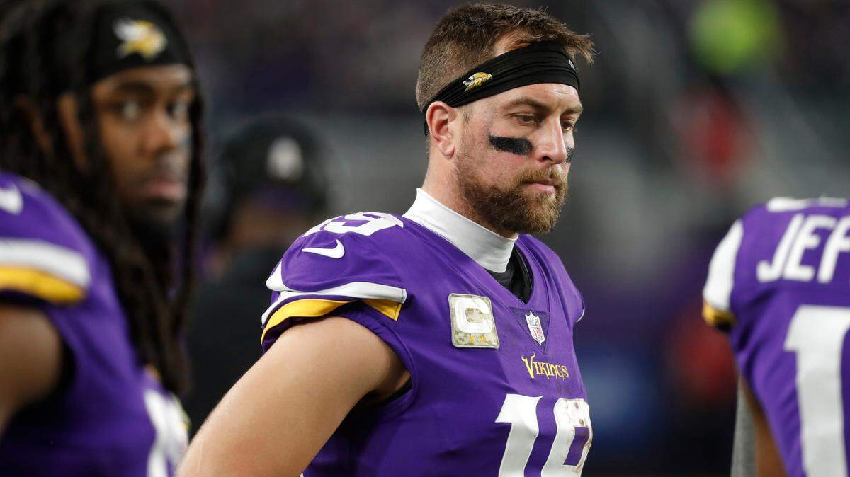Minnesota Vikings wide receiver Adam Thielen reacts on the sideline during the second half of an NFL football game against the Dallas Cowboys on Sunday.